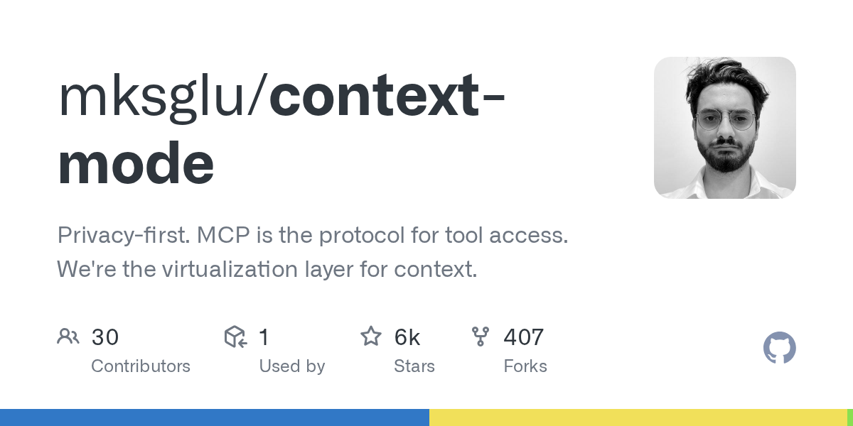 Context Mode GitHub repository - privacy-first MCP virtualization layer for context