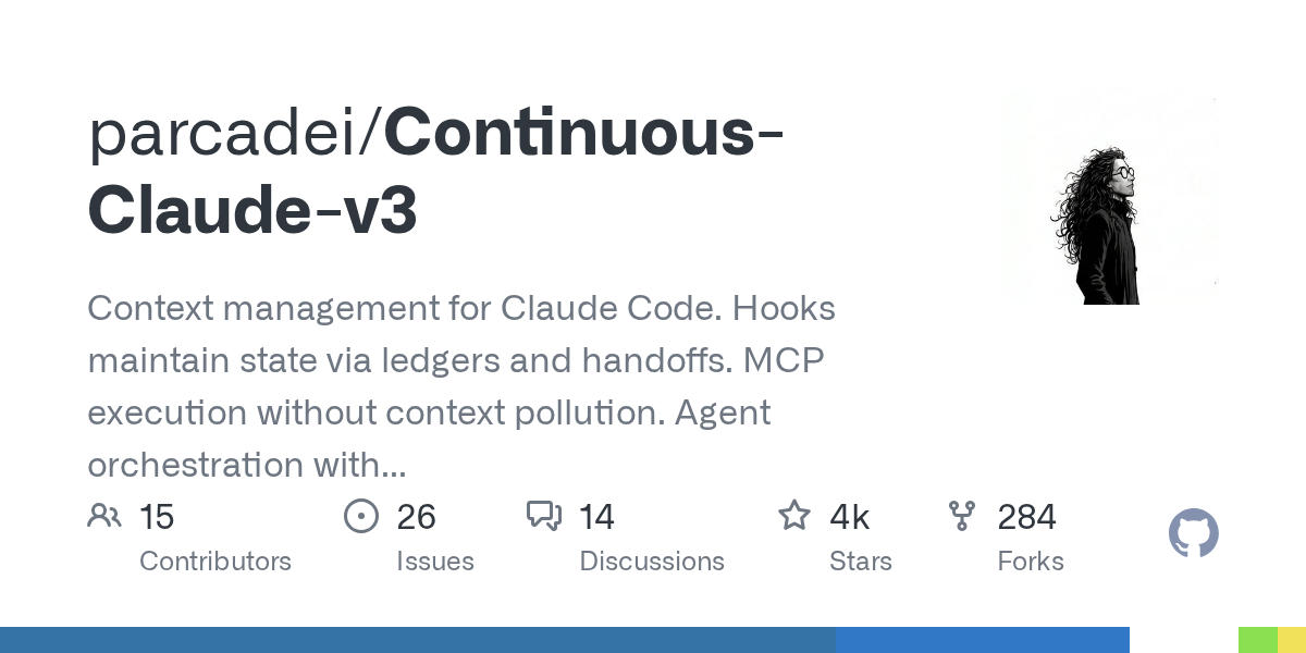 Continuous-Claude-v3 GitHub repository - hooks, ledgers, and handoffs for Claude Code context management