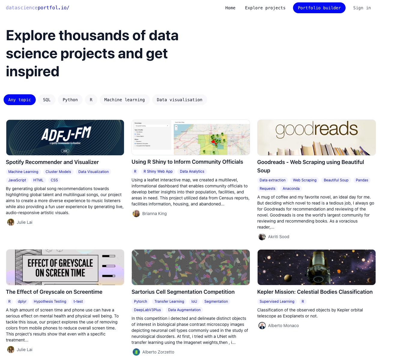 Example projects in datascienceportfol.io 