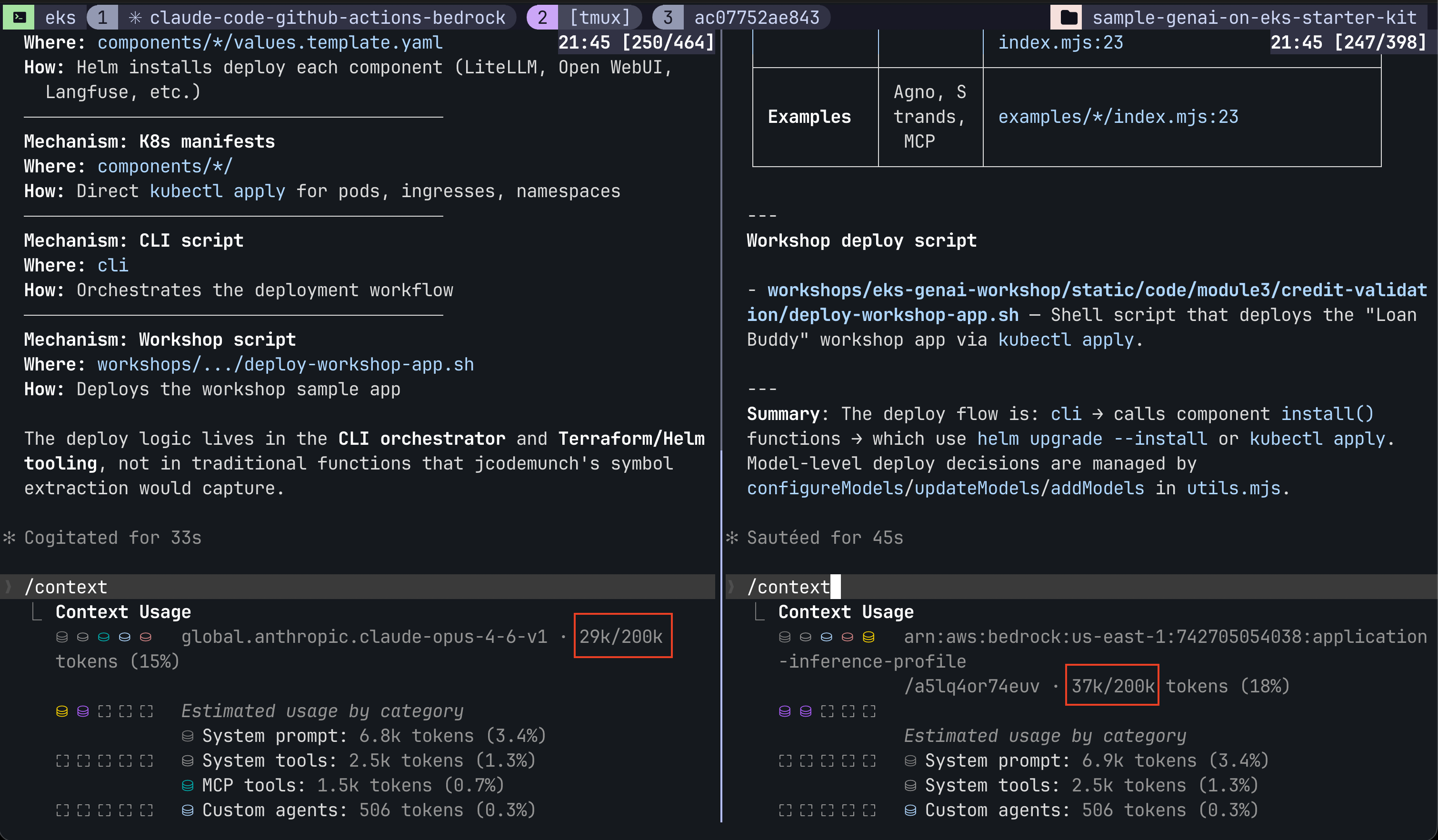 jCodeMunch symbol extraction in Claude Code showing values.template.yaml mechanisms and deploy script summary with context usage at 29% and 37%