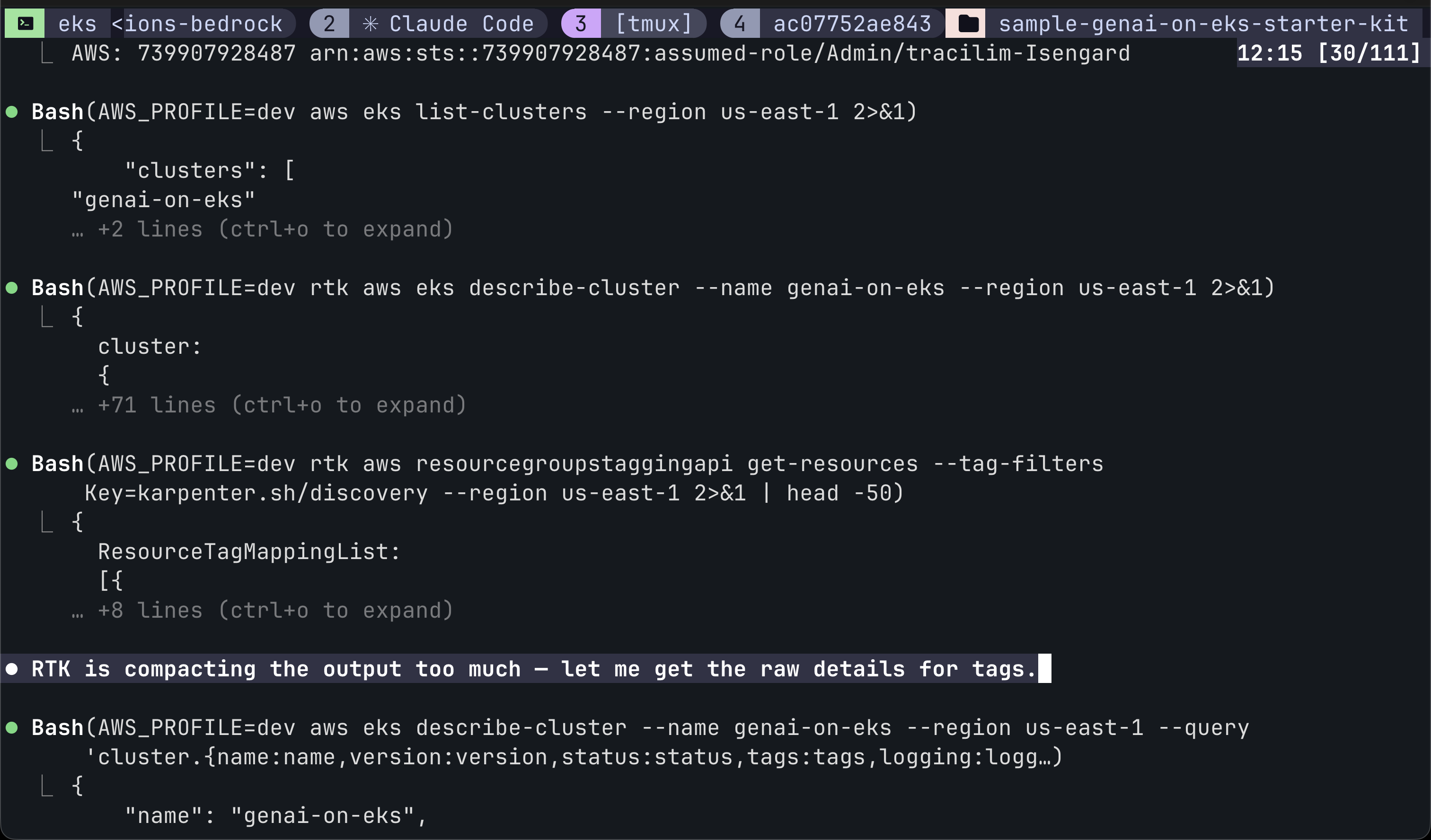 Claude Code warning that rtk may be compacting shell output too aggressively, with ctrl+o to expand