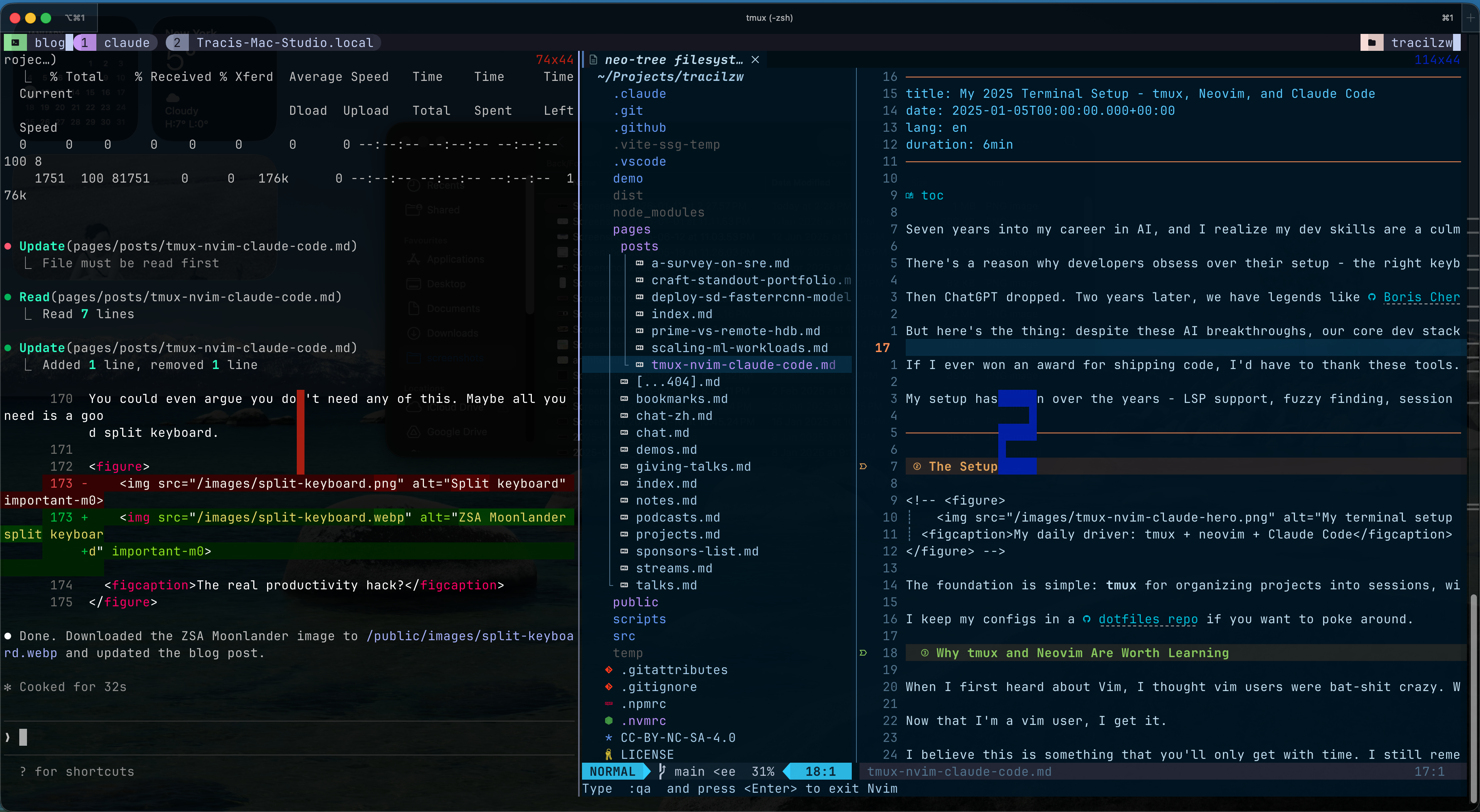 My terminal setup with tmux, neovim and Claude Code